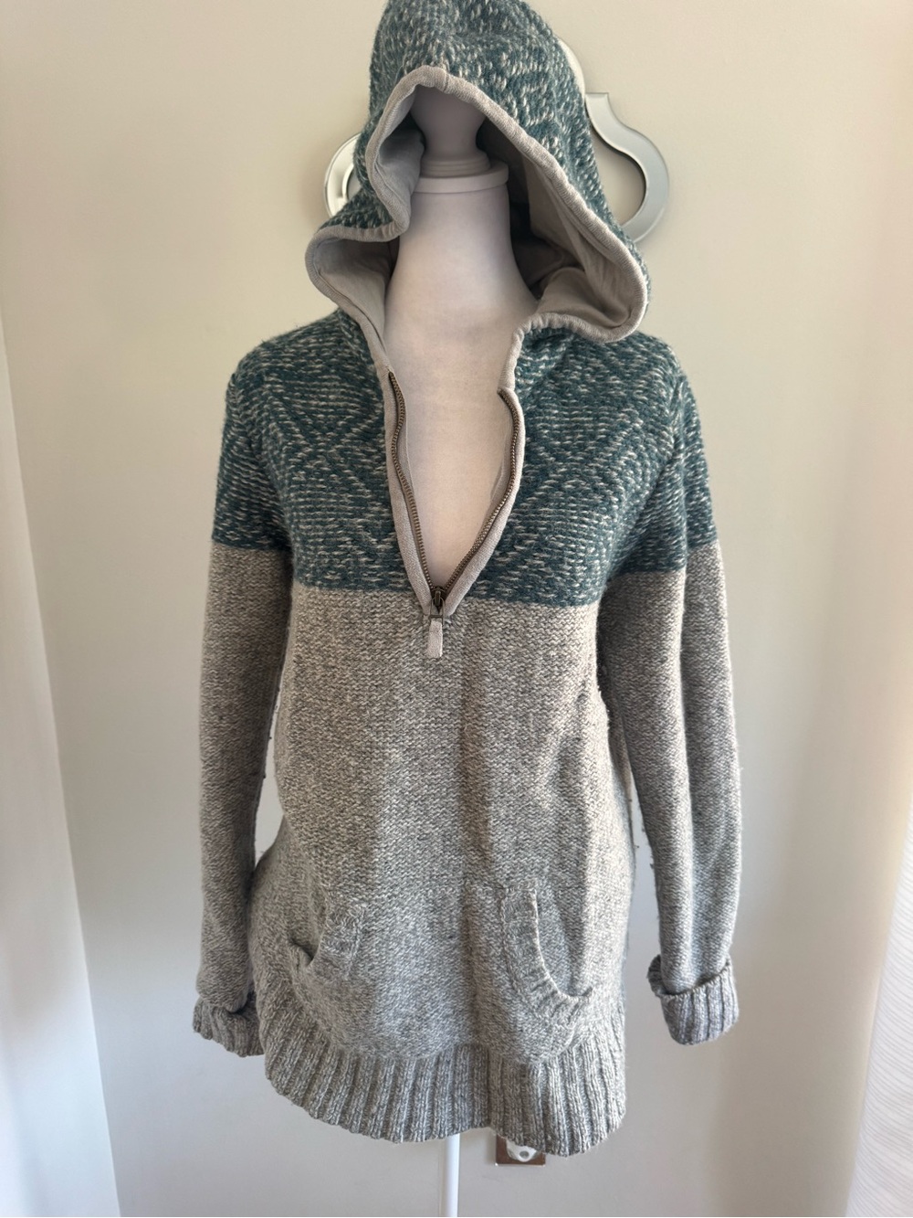 Cozy Two-Tone Hooded Half-Zip Sweater Tunic - Teal & Gray